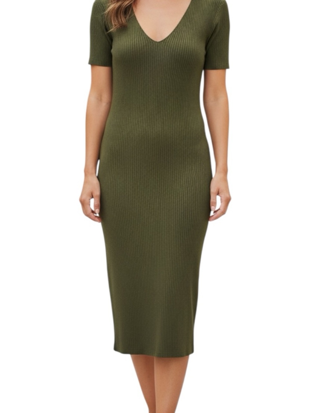 Topshop Olive Ribbed V-Neck Midi Dress